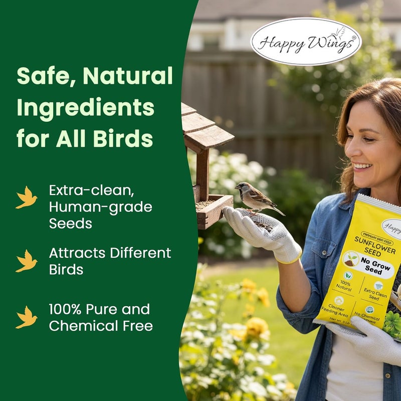 Happy Wings بذور عباد الشمس بزيت أسود من Happy Wings للطيور البرية، وزن 5 أرطال، صيغة خالية من النمو، غذاء طيور عالي الطاقة مثالي للعصافير والحمامات وغيرها، يمكن تغذية الطيور به طوال العام. - Image 5