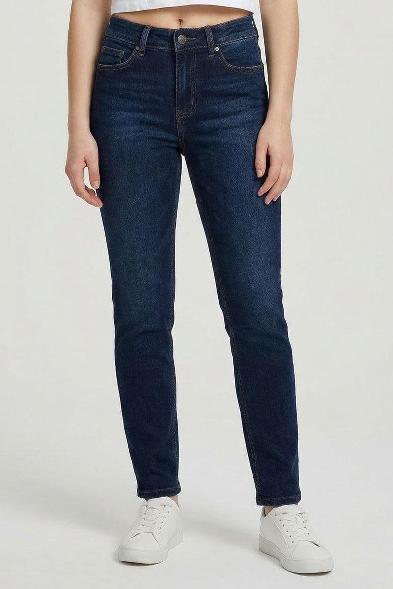 Replay Women Tapered Fit High Waist Solid Stretchable Jeans, Dark Blue - Image 1