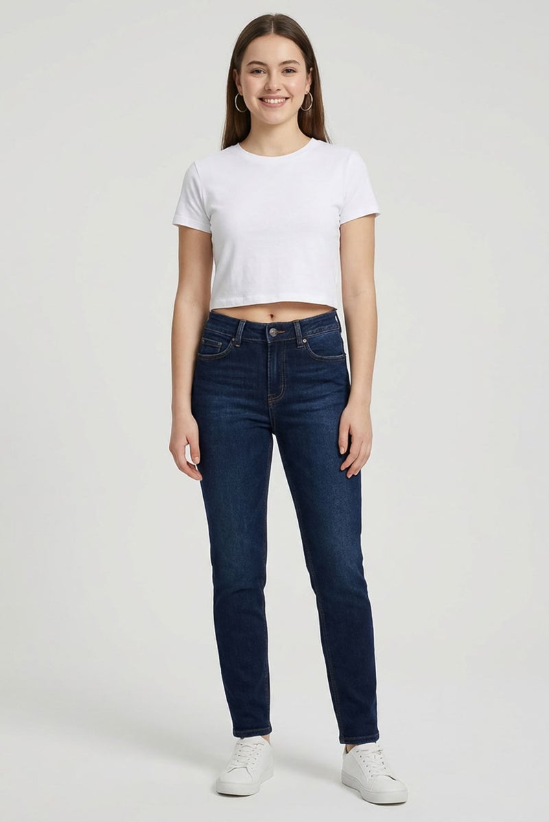 Replay Women Tapered Fit High Waist Solid Stretchable Jeans, Dark Blue - Image 2
