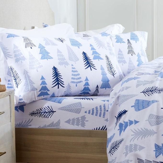 MARKET PLACE 100 TURKISH COTTON FLANNEL SHEET SET 4 PIECE DEEP POCKET NOVELTY COZY WINTER BED SHEETS DOUBLE BRUSHED FOR EXTRA SOFTNESS COMFORT ALPINE COLLECTION FULL BLUE FOREST