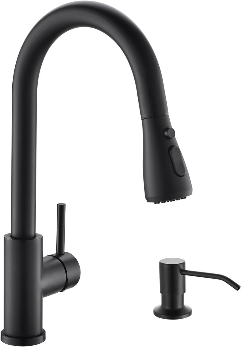 kicimpro Black Kitchen Sink Faucet with Soap Dispenser, 3 Modes Black Kitchen Faucet with Pull Down Sprayer and Soap Dispenser, 304 Stainless Matte Single Handle Kitchen Faucets with Water Lines - Image 1
