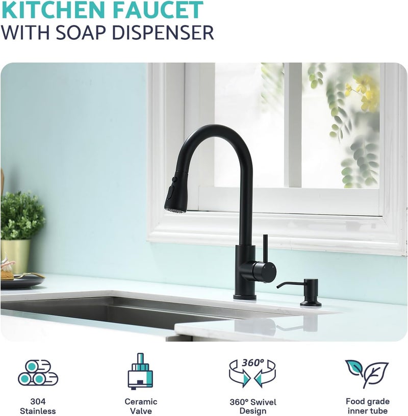 kicimpro Black Kitchen Sink Faucet with Soap Dispenser, 3 Modes Black Kitchen Faucet with Pull Down Sprayer and Soap Dispenser, 304 Stainless Matte Single Handle Kitchen Faucets with Water Lines - Image 2