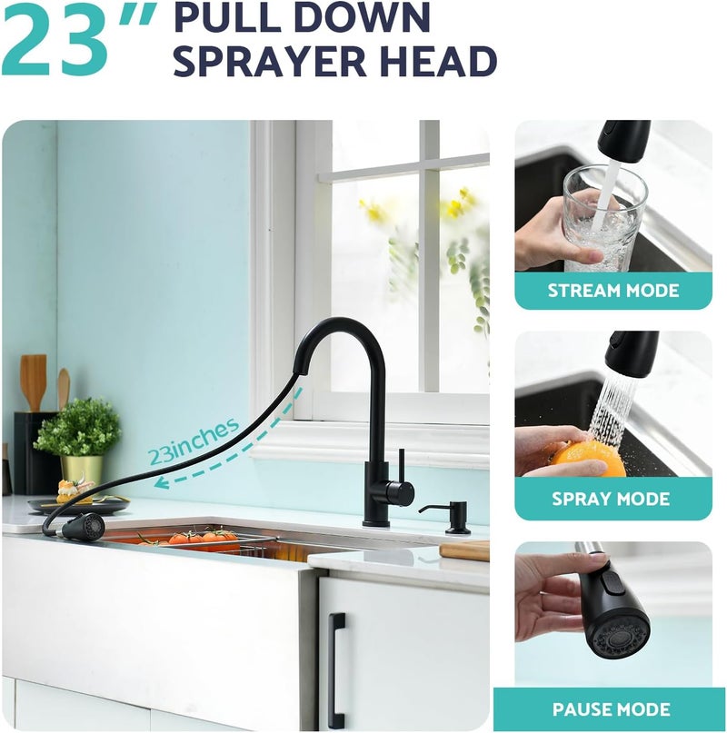 kicimpro Black Kitchen Sink Faucet with Soap Dispenser, 3 Modes Black Kitchen Faucet with Pull Down Sprayer and Soap Dispenser, 304 Stainless Matte Single Handle Kitchen Faucets with Water Lines - Image 3