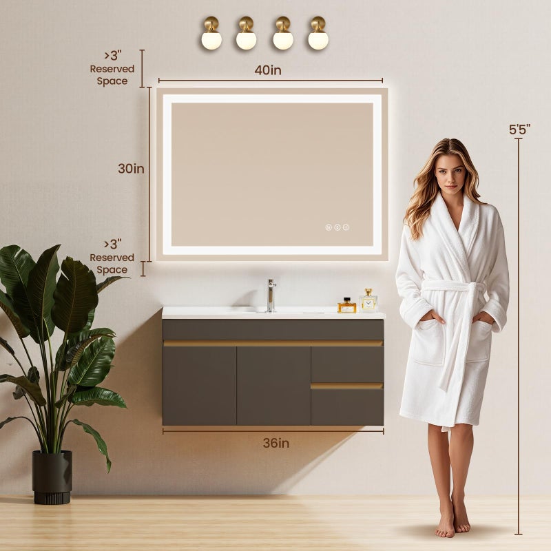 Rpoesx 40X30 LED Bathroom Mirror with Lights, Anti-Fog, Backlit + Front Lit, Lighted Bathroom Vanity Mirror for Wall, Memory Function, Dimmable, Tempered Glass, Shatter-Proof - Image 2