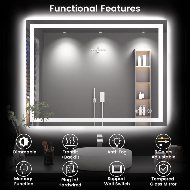 Rpoesx 40X30 LED Bathroom Mirror with Lights, Anti-Fog, Backlit + Front Lit, Lighted Bathroom Vanity Mirror for Wall, Memory Function, Dimmable, Tempered Glass, Shatter-Proof - Image 3