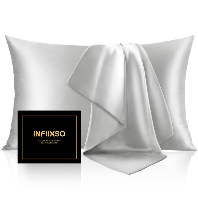 INFIIXSO Silk Pillow Cases 2 Pack Standard Size Ultra Smooth Soft Mulberry Silk Pillow Case for Hair and Skin Breathable Cooling Silk Pillowcase with Hidden Zipper Light Grey 20x26 Inches