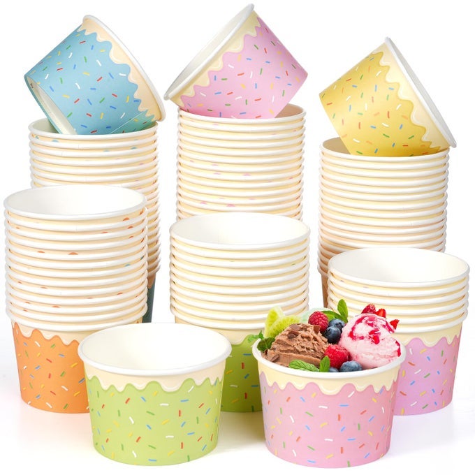 100PCS 9OZ ICE CREAM BOWLS DISPOSABLEPAPER ICE CREAM CUPS5 COLOR SPRINKLES FOOD CONTAINERS FOR DESSERT SNACK FROZEN YOGURT SOUP AND SUMMER BIRTHDAY PARTY SUPPLIES