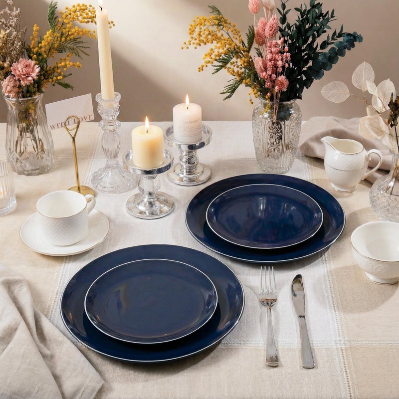 KIRE 200PCS Blue Plastic Plates with Silver Rim - Navy Blue Plastic Plates Include 100 Dinner & Dessert Plate - Heavy Duty Dark Blue Disposable Plate for Passover/Parties/Wedding - Image 4