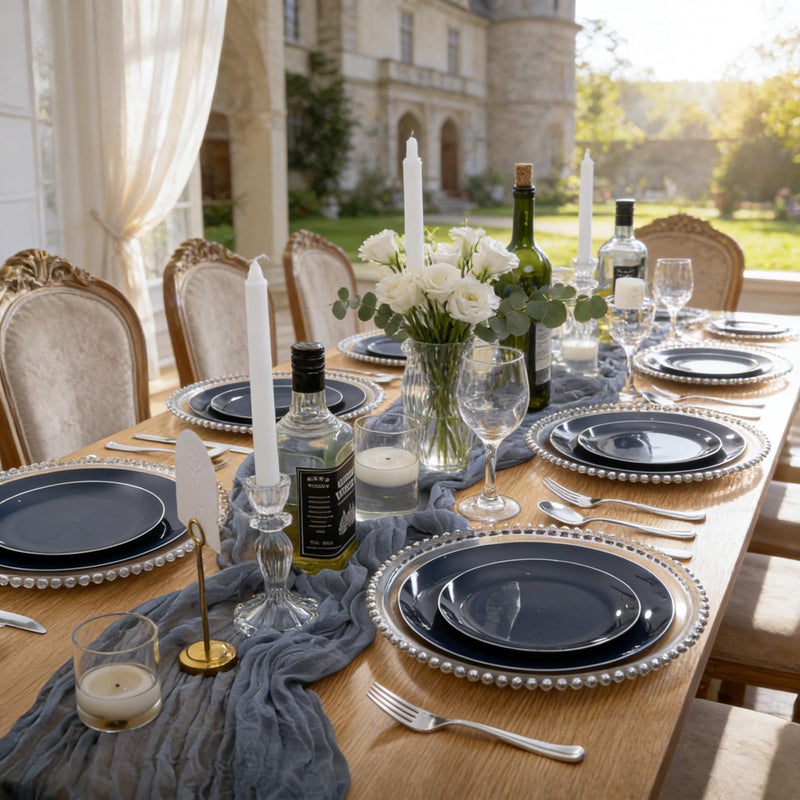 KIRE 200PCS Blue Plastic Plates with Silver Rim - Navy Blue Plastic Plates Include 100 Dinner & Dessert Plate - Heavy Duty Dark Blue Disposable Plate for Passover/Parties/Wedding - Image 3