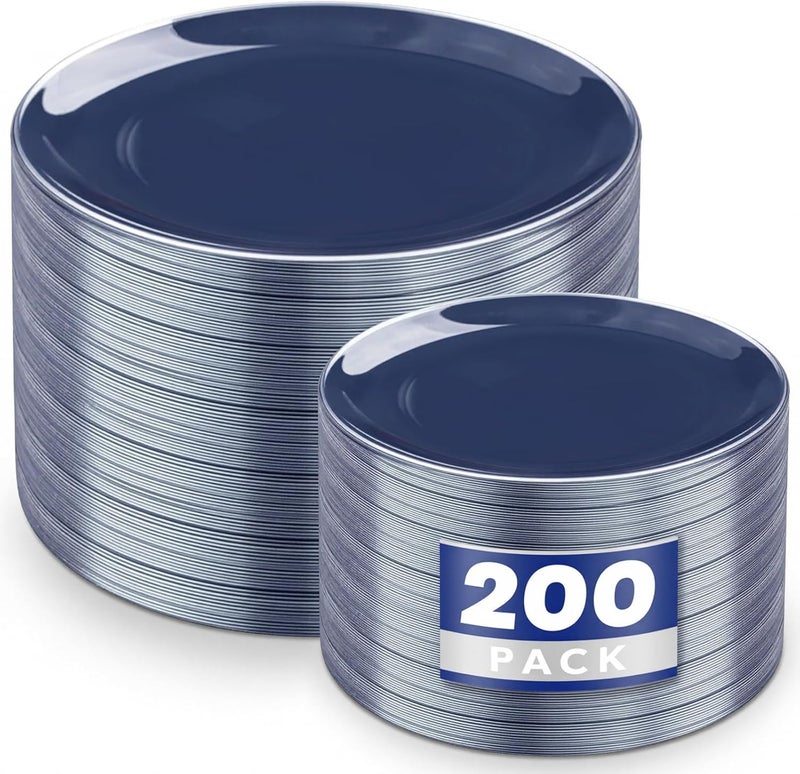 KIRE 200PCS Blue Plastic Plates with Silver Rim - Navy Blue Plastic Plates Include 100 Dinner & Dessert Plate - Heavy Duty Dark Blue Disposable Plate for Passover/Parties/Wedding - Image 1