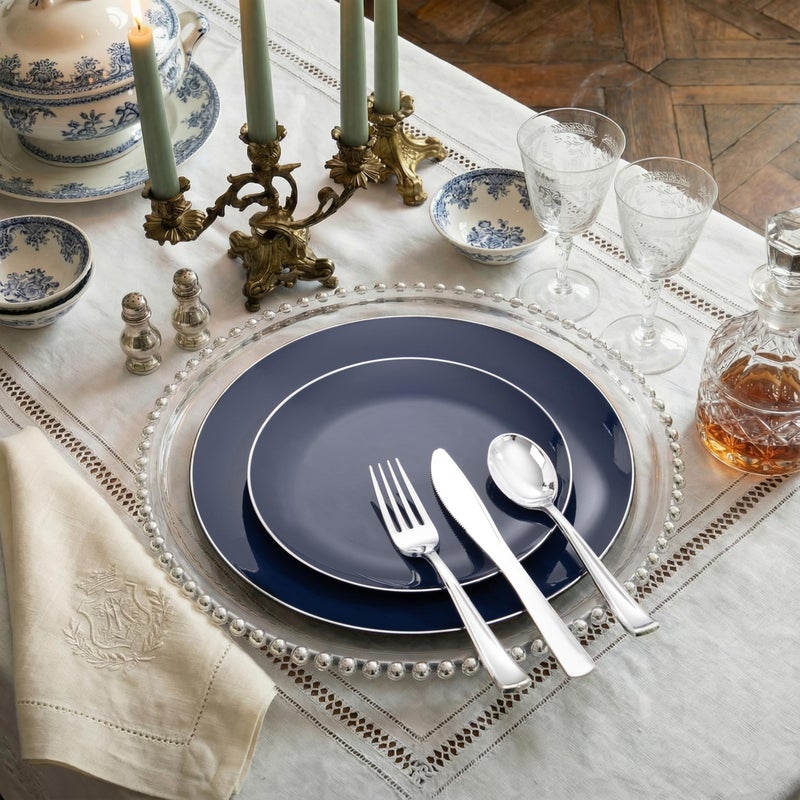 KIRE 200PCS Blue Plastic Plates with Silver Rim - Navy Blue Plastic Plates Include 100 Dinner & Dessert Plate - Heavy Duty Dark Blue Disposable Plate for Passover/Parties/Wedding - Image 5