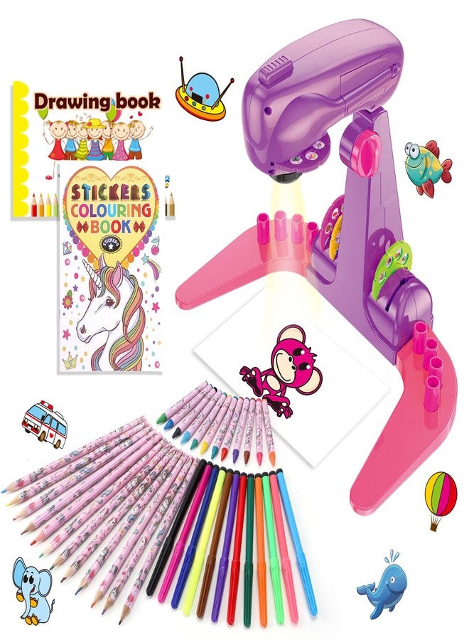 Hoarosall Drawing Projector for Kids, Art and Craft Kit, Toys for Girls Aged 3+, Drawing Supplies, Including Colored Pencils, Crayons, Coloring Books, Gift for 3+ Year Old Girls (Purple) - Image 1