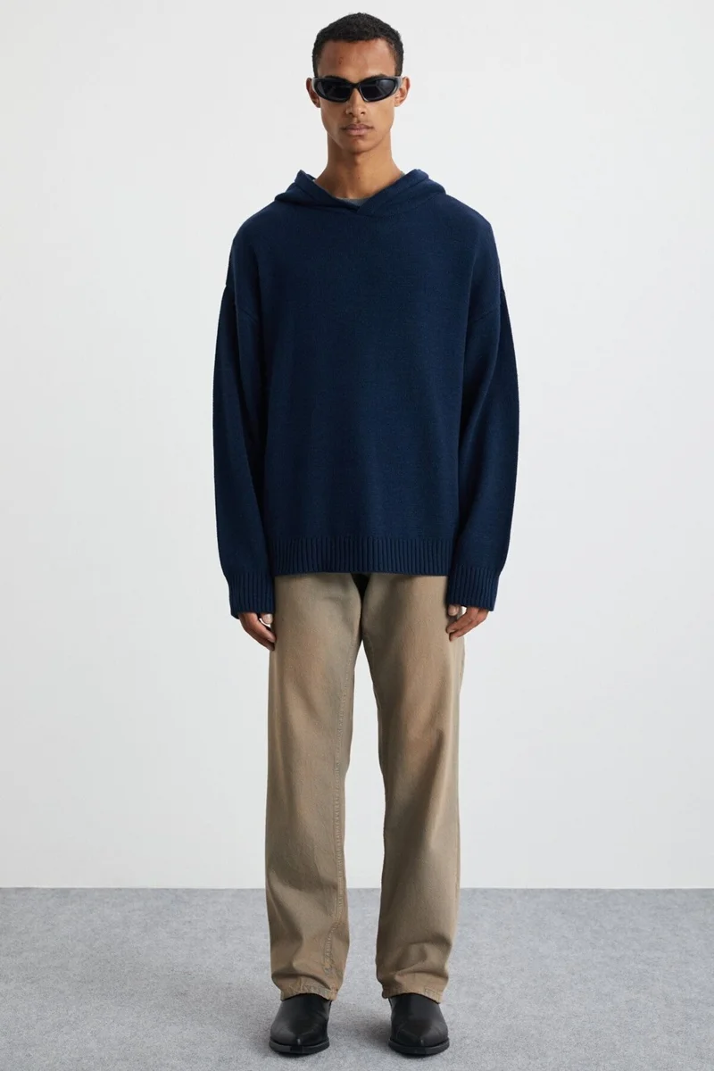 GRIMELANGE Gondor Men's Recyle Soft Hooded Oversize Knitwear Navy Blue Sweater
