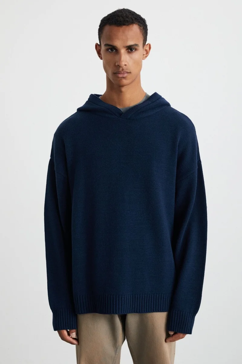 GRIMELANGE Gondor Men's Recyle Soft Hooded Oversize Knitwear Navy Blue Sweater