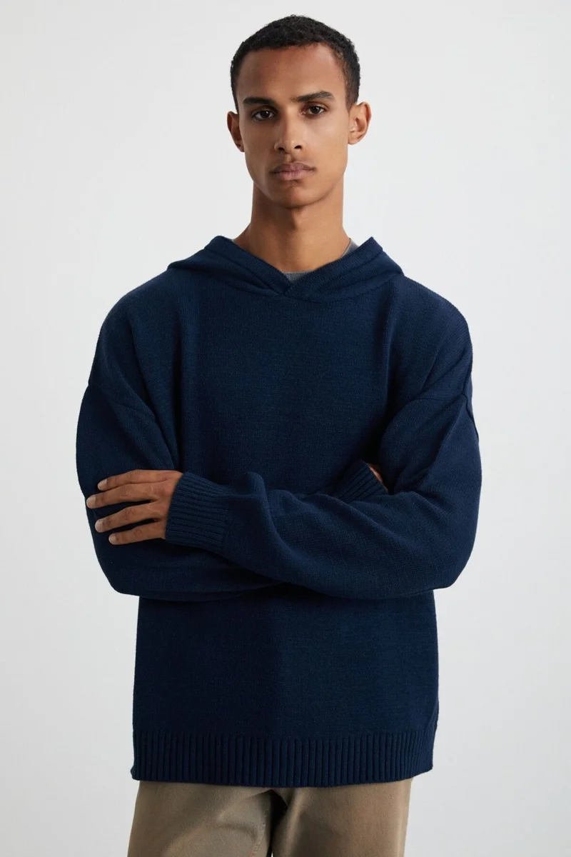 GRIMELANGE Gondor Men's Recyle Soft Hooded Oversize Knitwear Navy Blue Sweater