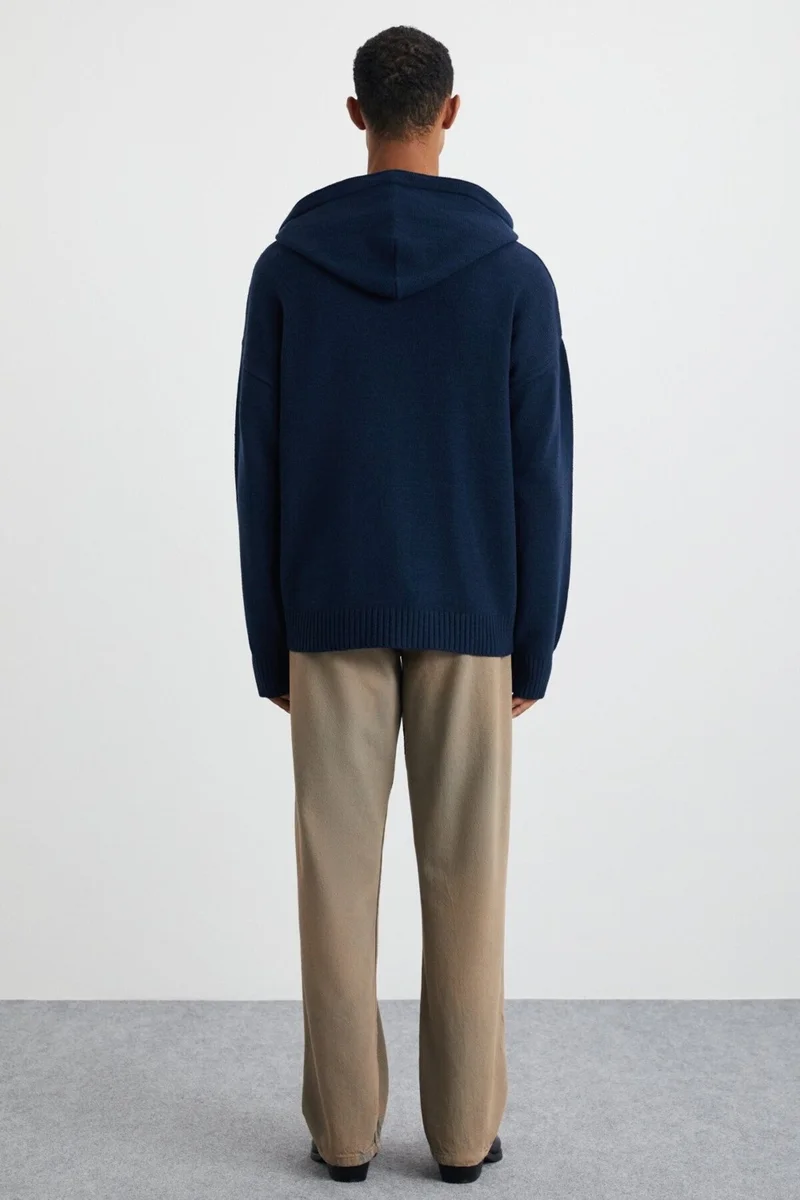 GRIMELANGE Gondor Men's Recyle Soft Hooded Oversize Knitwear Navy Blue Sweater