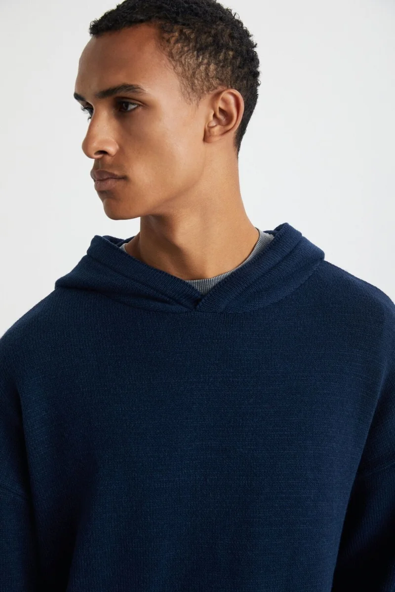 GRIMELANGE Gondor Men's Recyle Soft Hooded Oversize Knitwear Navy Blue Sweater