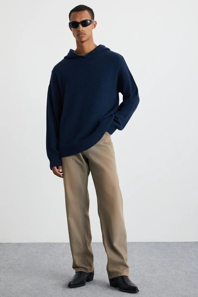 GRIMELANGE Gondor Men's Recyle Soft Hooded Oversize Knitwear Navy Blue Sweater