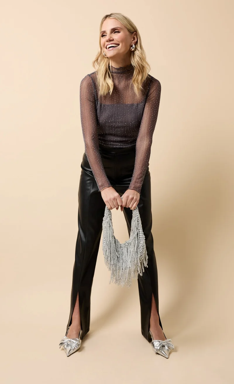 Black PU Split Detail Wide Leg Trousers