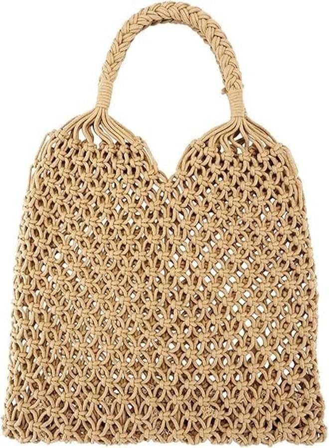 PARAH Handmade Straw Bag Travel Beach Fishing Net Handbag Shopping Woven Shoulder Bag For Women (Beach Bag, khaki) - Image 1