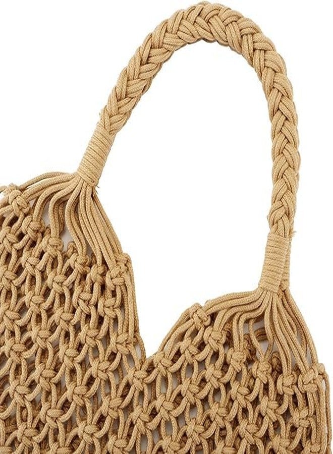 PARAH Handmade Straw Bag Travel Beach Fishing Net Handbag Shopping Woven Shoulder Bag For Women (Beach Bag, khaki) - Image 4