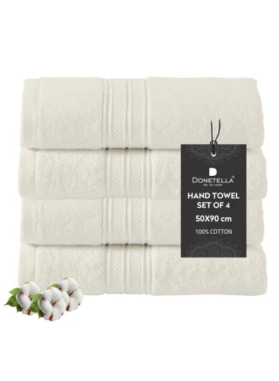 Donetella Premium 100 % Combed Cotton 4-Pcs Hand Towel Set (50 X 90 CM) 600 GSM Super Soft Hand Towel, Highly Absorbent, Quick Dry,Best Towel for Bathroom, Spa And Hotel,White