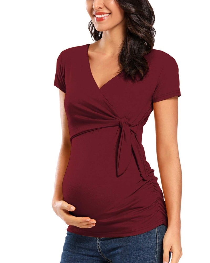 Glampunch Women's Maternity Shirts Short & Long Sleeve Tie Front Wrap Maternity Tops