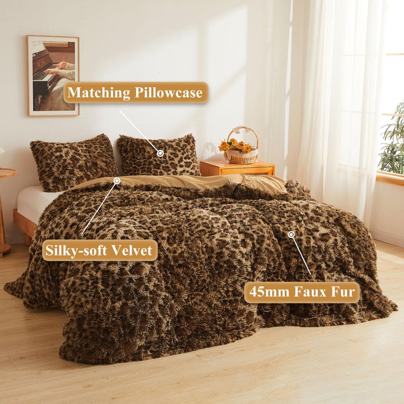 XeGe Cheetah Print Fluffy Faux Fur Duvet Cover Set, 3 Pieces Soft Plush Shaggy Fuzzy Bedding Set(1 Faux Fur Leopard Print Comforter Cover + 2 Furry Pillow Cases), Zipper Closure(King, Brown) - Image 2