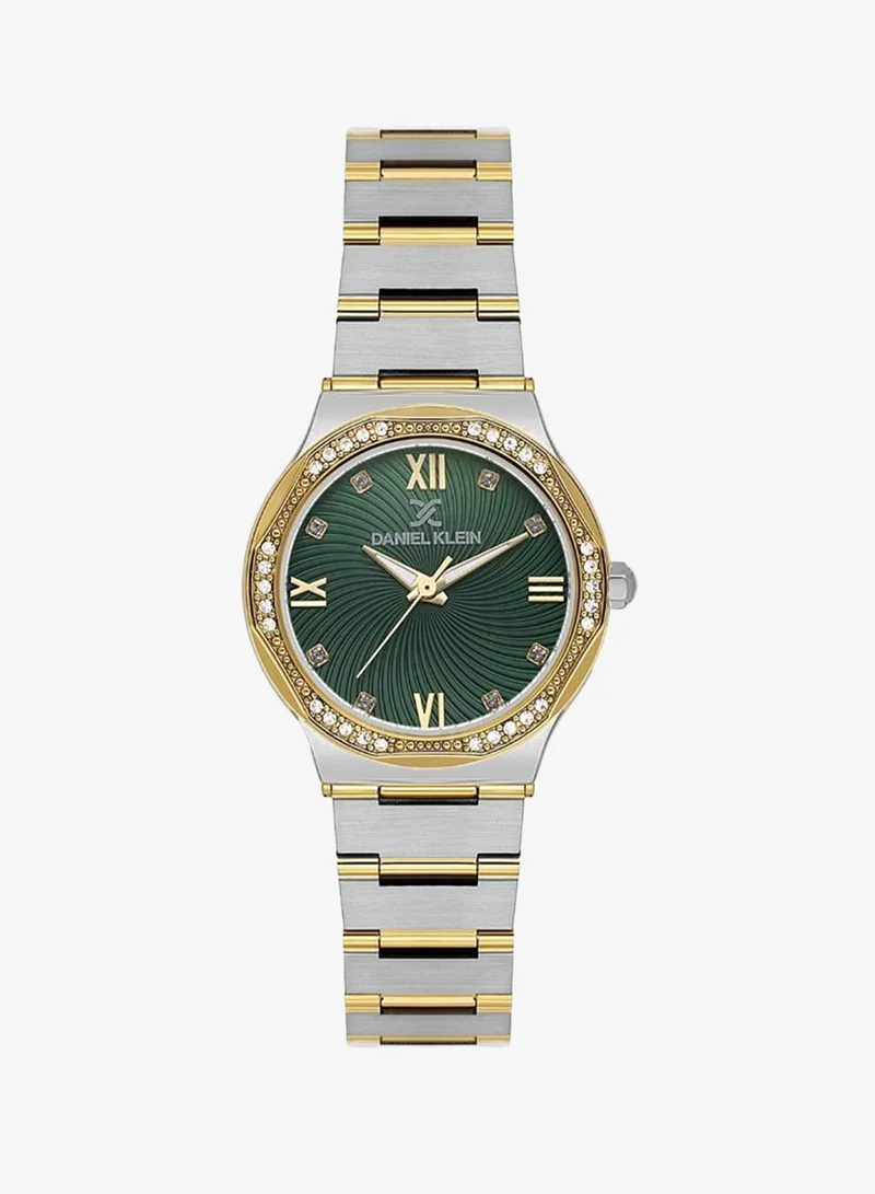 DANIEL KLEIN Women's Stainless Steel Silver and Gold Alloy Case Analog Dark Green Round Emboss Dial Japanese Quartz Premium 30 Meters Water Resistant