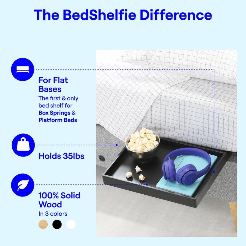 BedShelfie Bedside Shelf for Dorm Room Bunk Bed & Top Bunk, College Dorm Room Essentials, Bedside Caddy, Clip on Floating Desk Tray, Bed Side Table Storage, Loft Nightstand Decor - Black Wood Slide - Image 4