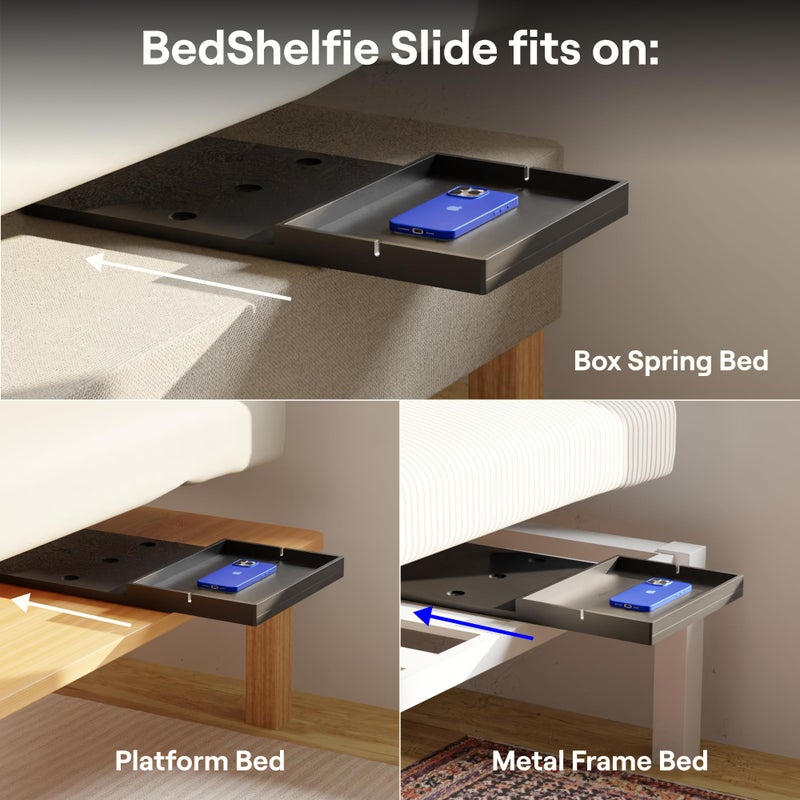 BedShelfie Bedside Shelf for Dorm Room Bunk Bed & Top Bunk, College Dorm Room Essentials, Bedside Caddy, Clip on Floating Desk Tray, Bed Side Table Storage, Loft Nightstand Decor - Black Wood Slide - Image 3