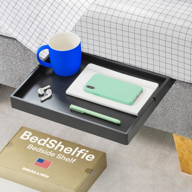 BedShelfie Bedside Shelf for Dorm Room Bunk Bed & Top Bunk, College Dorm Room Essentials, Bedside Caddy, Clip on Floating Desk Tray, Bed Side Table Storage, Loft Nightstand Decor - Black Wood Slide - Image 1