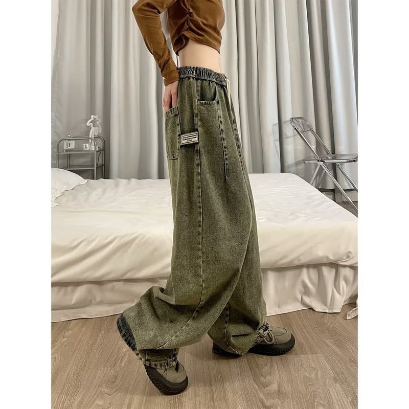 2024 Trendy Brand Fold Faded Drawstring Jeans Men'S And Women'S American Style Retro Washed Couple'S Wide Leg Casual Covers - Image 4