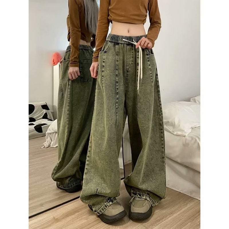 2024 Trendy Brand Fold Faded Drawstring Jeans Men'S And Women'S American Style Retro Washed Couple'S Wide Leg Casual Covers - Image 2