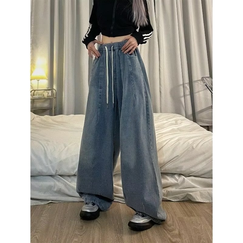 2024 Trendy Brand Fold Faded Drawstring Jeans Men'S And Women'S American Style Retro Washed Couple'S Wide Leg Casual Covers - Image 5