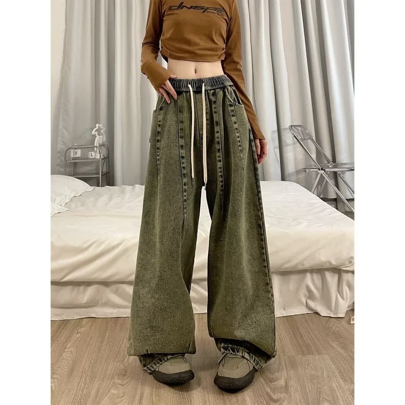 2024 Trendy Brand Fold Faded Drawstring Jeans Men'S And Women'S American Style Retro Washed Couple'S Wide Leg Casual Covers - Image 1
