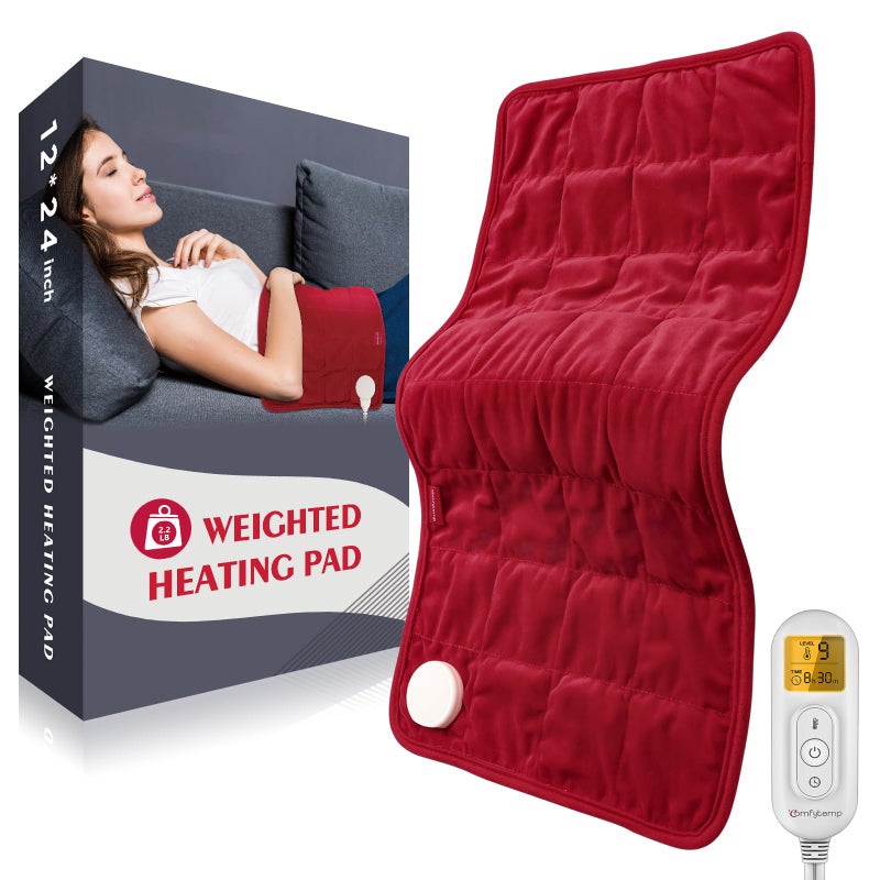 Comfytemp Weighted Heating Pad for Period & Back, 2.2lb Extra Large Menstrual Heated Pad, 12" x 24" XL Electric Heat Pad with 9 Heat Level & 11 timers auto-Off for Neck Shoulder Leg Knee Abdomen, Red - Image 1