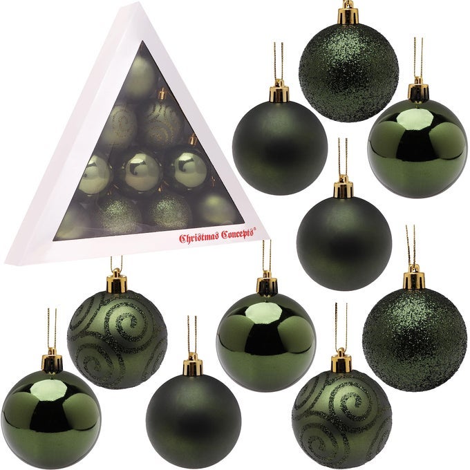PACK OF 1060MM 24 CHRISTMAS TREE BAUBLES SHINY MATTE GLITTER DECORATED BAUBLES FORREST GREEN
