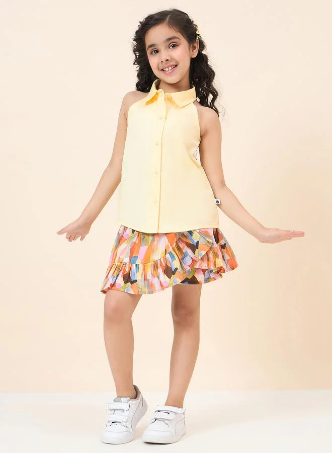 Stylo Bug Stylo Bug Plain Collar Shirt and Abstract Print Skirt Set