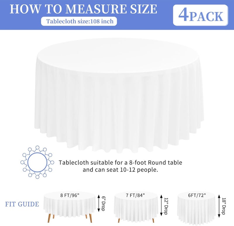 FXKS 4 Packs White Round Table Cloth 108 Inch Circular Table Cloth, Stain and Resistant Washable Polyester Round Tablecloth Table Cover for Wedding Parties Banquet Reception Gift Table - Image 3