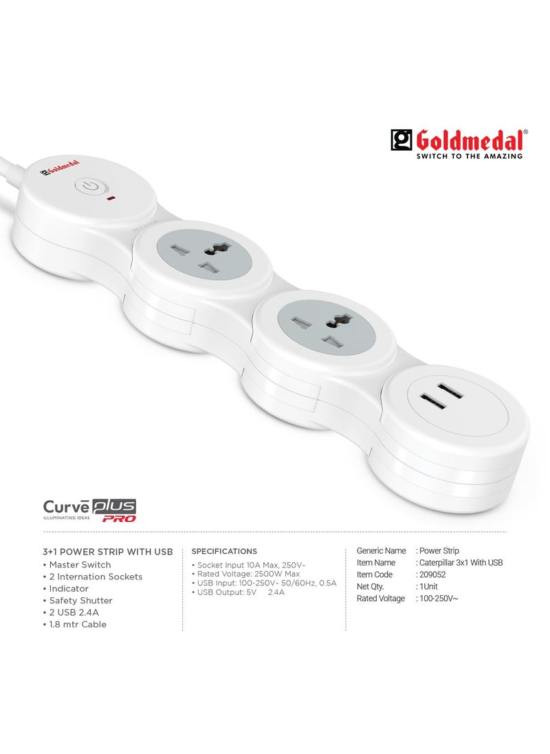 GOLD MEDAL Goldmedal Caterpillar 31 Spike Guard with USB White Dual USB Port 2 Outlet International Sockets with Safety Shutter HeavyDuty 18meter Cable Master Switch with Indicator for Home and Office  - Image 3