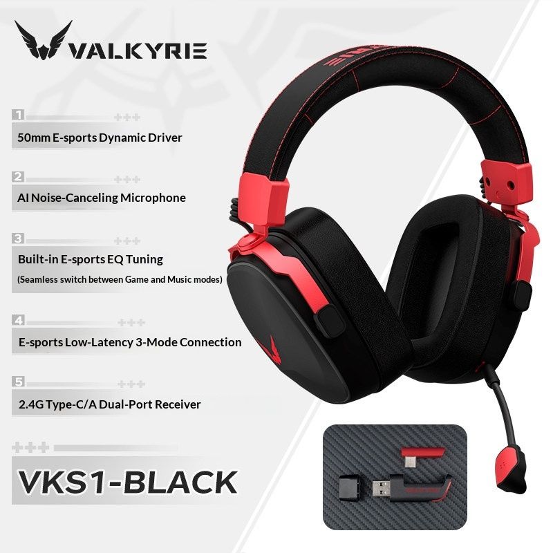 Valkyrie VK S1 Wireless Gaming Headset 3-Mode Bluetooth HiFi 50mm Large Dynamic Drivers, Black - Image 1
