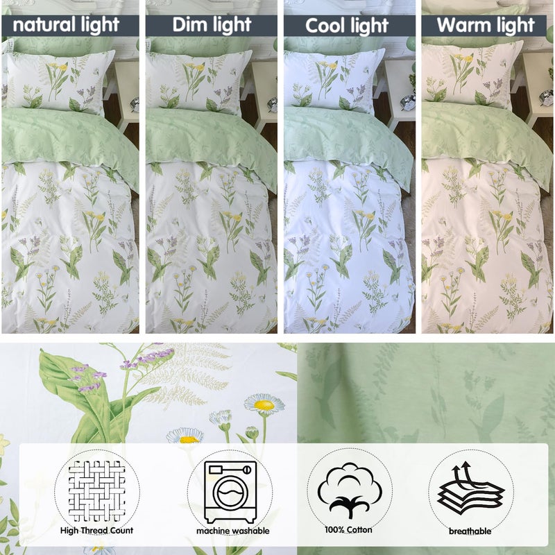 FADFAY Duvet Cover Set Full Shabby Green Daisy and Lavender Flowers Botanical Comforter Cover 100% Cotton with Hidden Zipper Closure 3-Piece, 1 Duvet Cover & 2 Pillowcases Full Size - Image 4