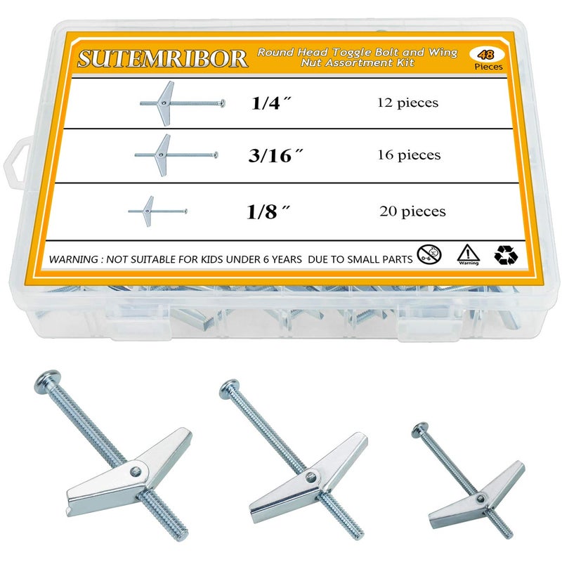 Sutemribor 1/8 Inch, 3/16 Inch, 1/4 Inch Toggle Bolt and Wing Nut for Hanging Heavy Items on Drywall, 48 PCS - Image 1