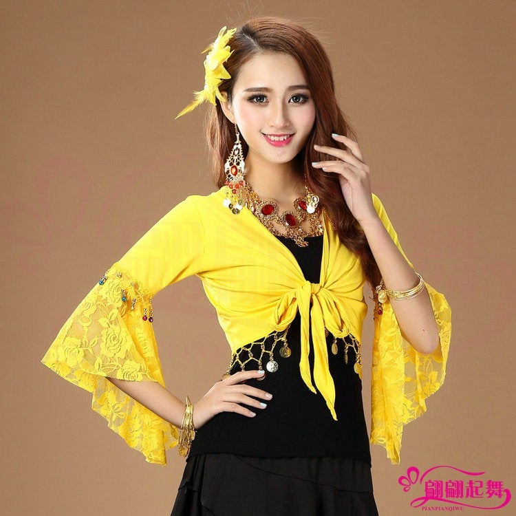 Belly Dance Table Costume Dance Costume New Square Dance Shawl Lace Trumpet Long Sleeve Practice Clothes Top - Image 1