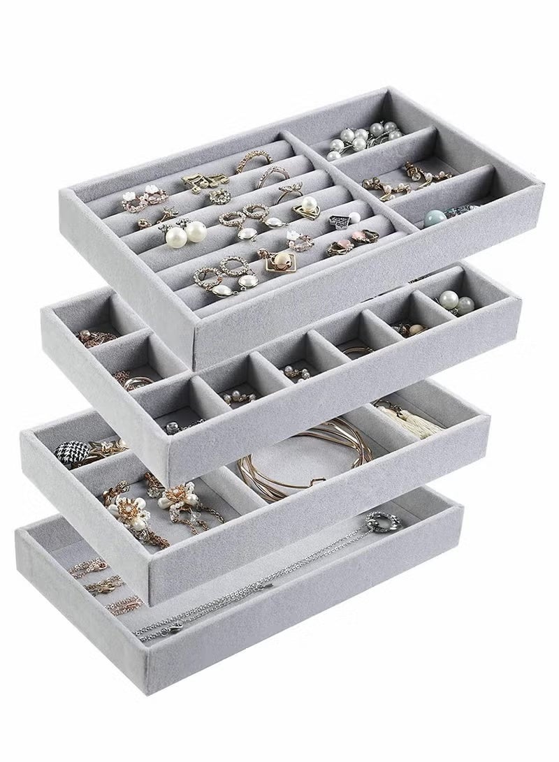 Soofam Set of 4 Stackable Jewelry Organizer Trays for Drawers Display Case Storage Container Earring Necklace Rings Bracelet with Removable Dividers - Image 1