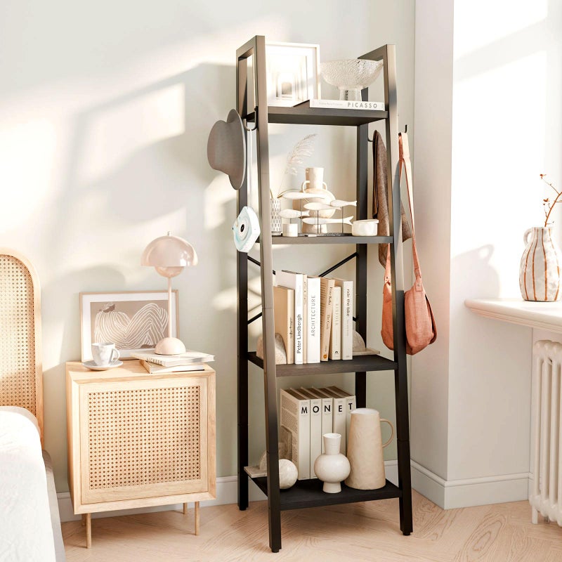 YMYNY 4 Tier Ladder Bookshelf Height 125CM Bookcase Freestanding Storage Organiser Shelves Shelving Unit for Living Room Bedroom Kitchen Plant Stand Industrial Black HBC024B