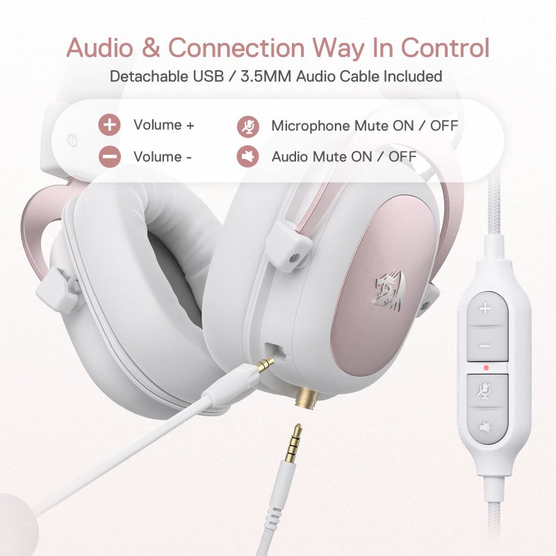 Redragon H510 Zeus White Wired Gaming Headset - 7.1 Surround Sound - Memory Foam Ear Pads - 53MM Drivers - Detachable Microphone - Multi Platforms for PC, PS4/3 & Xbox One/Series X, NS - Image 4