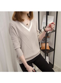 Loose Knitted Base Shirt Short Sleeve Spring Autumn V-neck Ladies Wool Clothes Thick Thin Style Resin Fiber Material 06 light gray