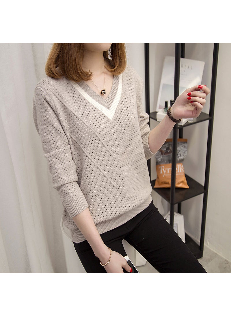 Generic - Loose Knitted Base Shirt Short Sleeve Spring Autumn V-neck Ladies Wool Clothes Thick Thin Style Resin Fiber Material 06 light gray - Image 1